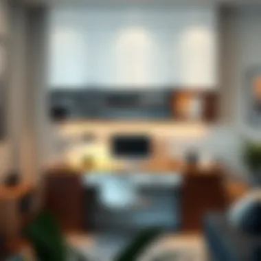 Contemporary Desk with Above Cabinets A contemporary desk design with sleek cabinets above, emphasizing modern aesthetics and functionality.