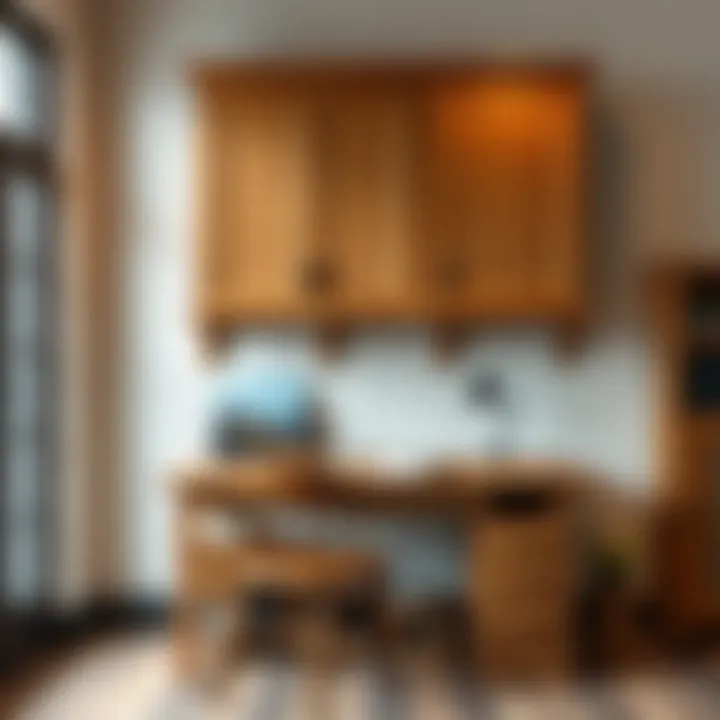 Rustic Desk with Above Storage A rustic desk featuring wooden cabinets above, showcasing a blend of traditional charm and practical storage solutions.