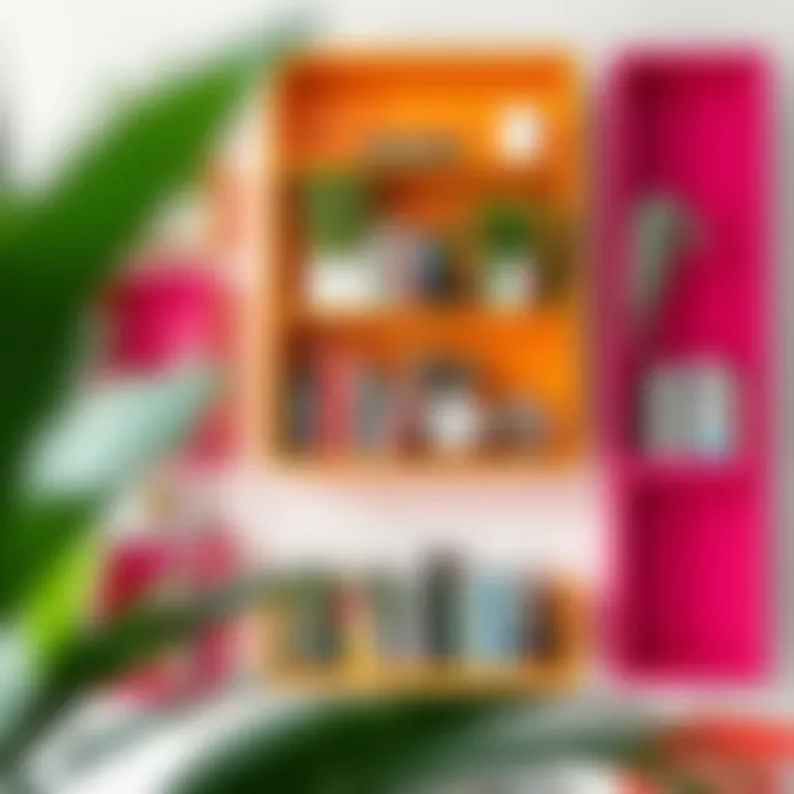 Vibrant Shelves with Books and Greenery Colorful wall shelves showcasing books and plants