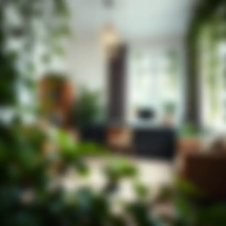 Stylish home office featuring artificial vines as part of the design