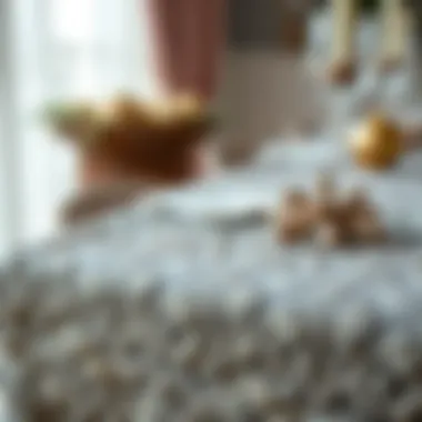 Close-up of a textured grey table runner with decorative elements