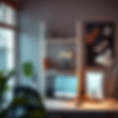 Creative workspace enhanced by a 3 tier white metal shelf