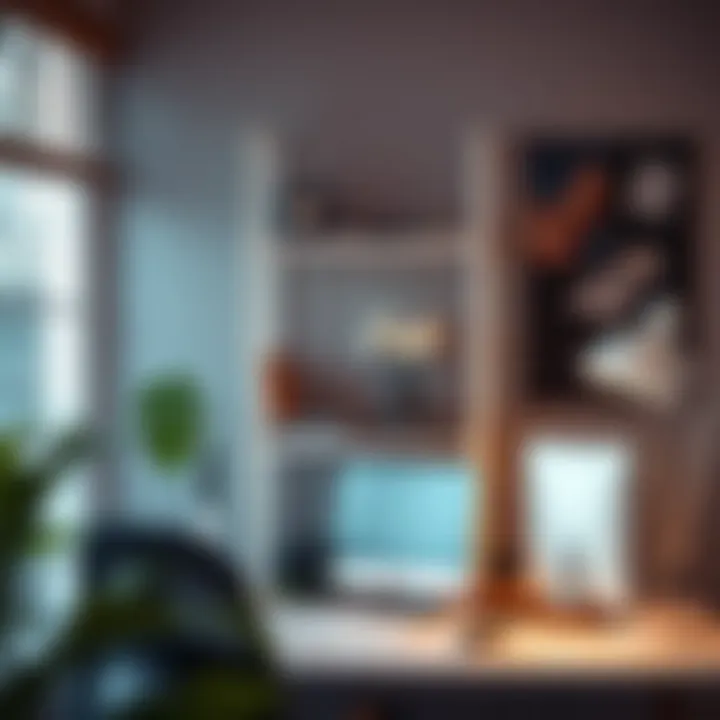 Creative workspace enhanced by a 3 tier white metal shelf