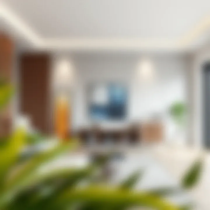 Modern living room featuring a 3 tier white metal shelf