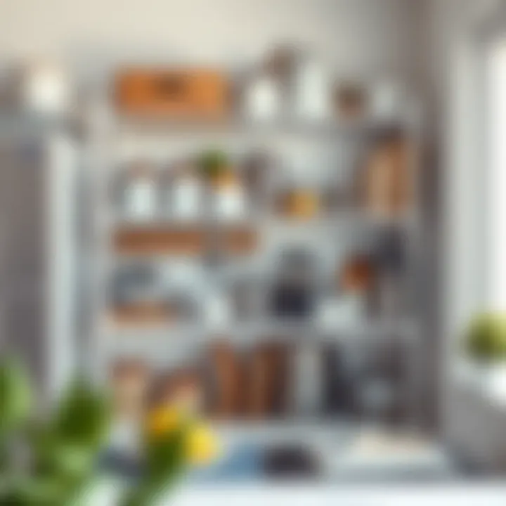 Organized kitchen showcasing a 3 tier white metal shelf filled with kitchen essentials
