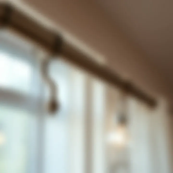 Close-up of a stylish six foot curtain rod made from brushed metal