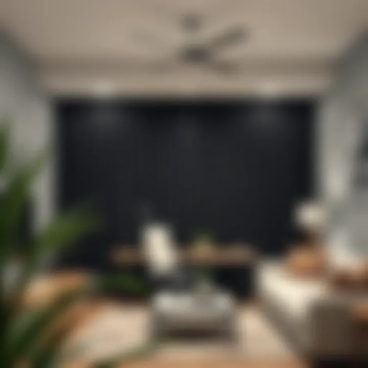 Modern home office with a six foot curtain rod and blackout curtains