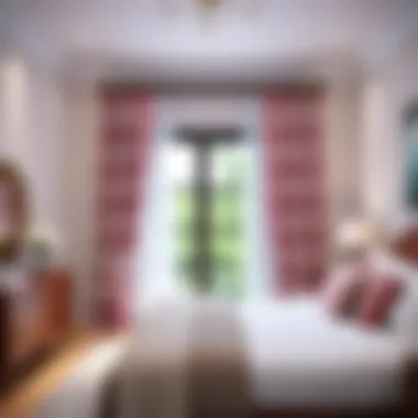 Beautifully decorated bedroom showcasing a six foot curtain rod with patterned curtains