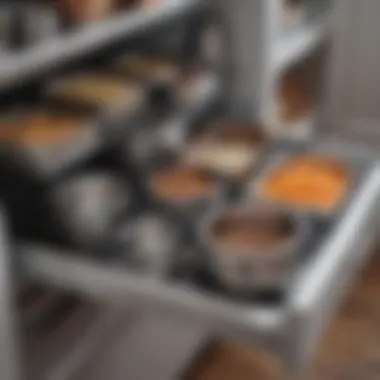 Stainless steel bowls used for food storage in a well-organized refrigerator