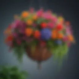 Vibrant artificial hanging basket filled with colorful faux flowers.