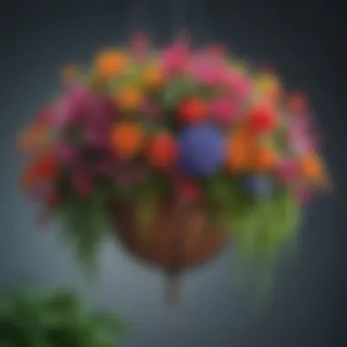 Vibrant artificial hanging basket filled with colorful faux flowers.