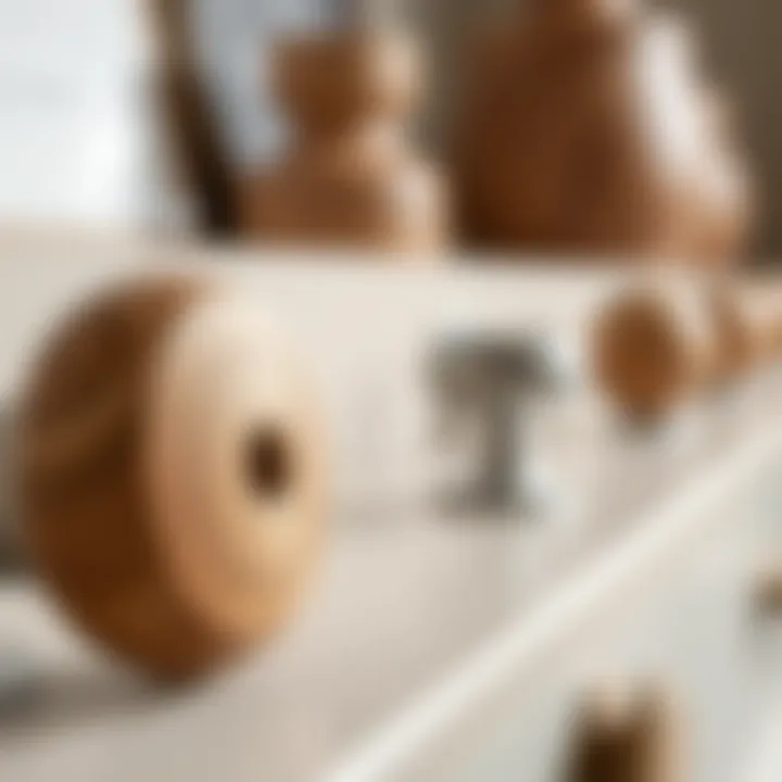 Close-up of materials used in two-hole dresser knobs including wood and metal