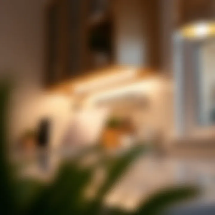 Close-up of under cabinet LED lights illuminating a workspace