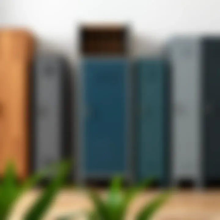 Different materials and styles of lockable storage cabinets showcased