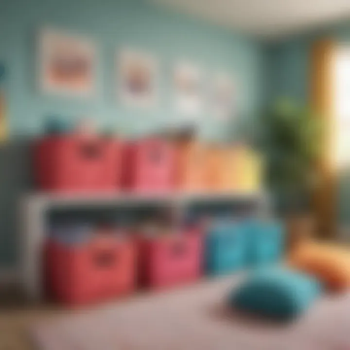 Colorful cloth storage bins in a children's playroom