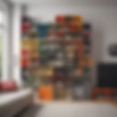 Color-coordinated cube storage shelves in a modern living room