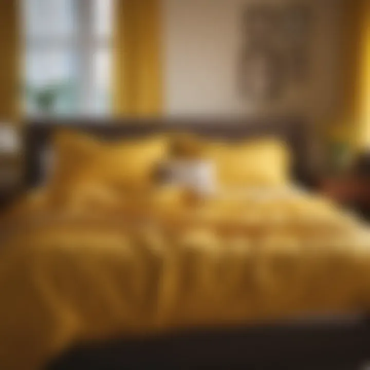 A serene bedroom ambiance enhanced by yellow queen sheets