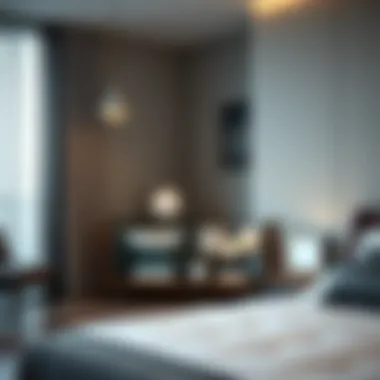 Glass chest utilized as a unique storage solution in a stylish bedroom