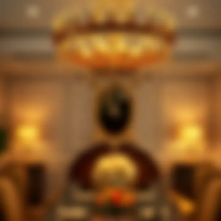 Luxurious gold chandelier illuminating a dining space