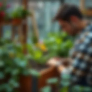 Gardener Interacting with a Lowes Grow Box A gardener tending to plants in a Lowes grow box, emphasizing interaction with urban gardening.