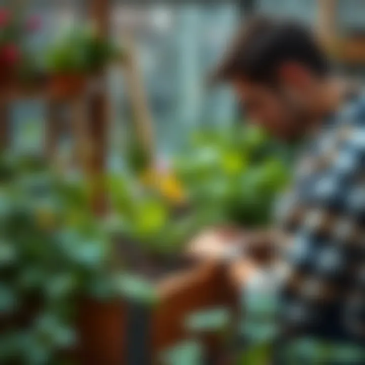 Gardener Interacting with a Lowes Grow Box A gardener tending to plants in a Lowes grow box, emphasizing interaction with urban gardening.