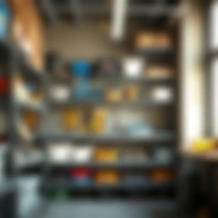 Metal shelving unit in a garage organizing tools and equipment