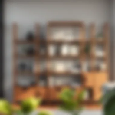 Modern wooden shelving unit displaying books and decorative items