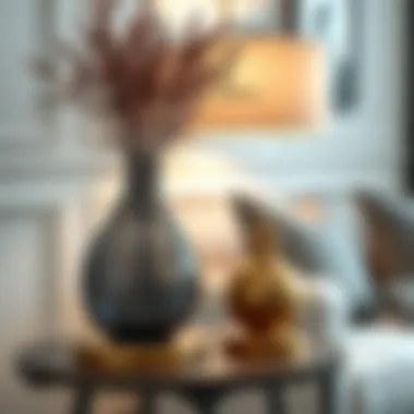 Close-up of a stylish 32-inch tall side table with decorative items