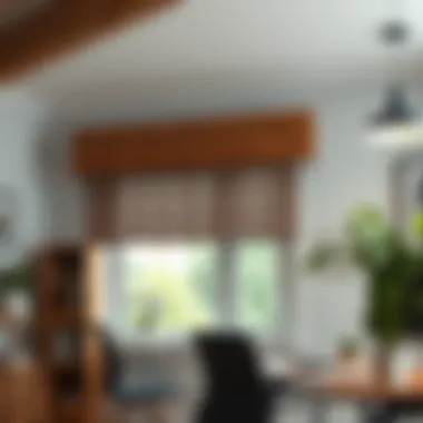 Wooden Valance with Rustic Touch in Workspace Wooden valance with a rustic touch in a workspace