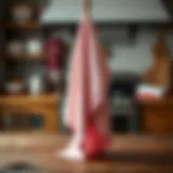 Elegant pink kitchen towel displayed on a rustic wooden surface