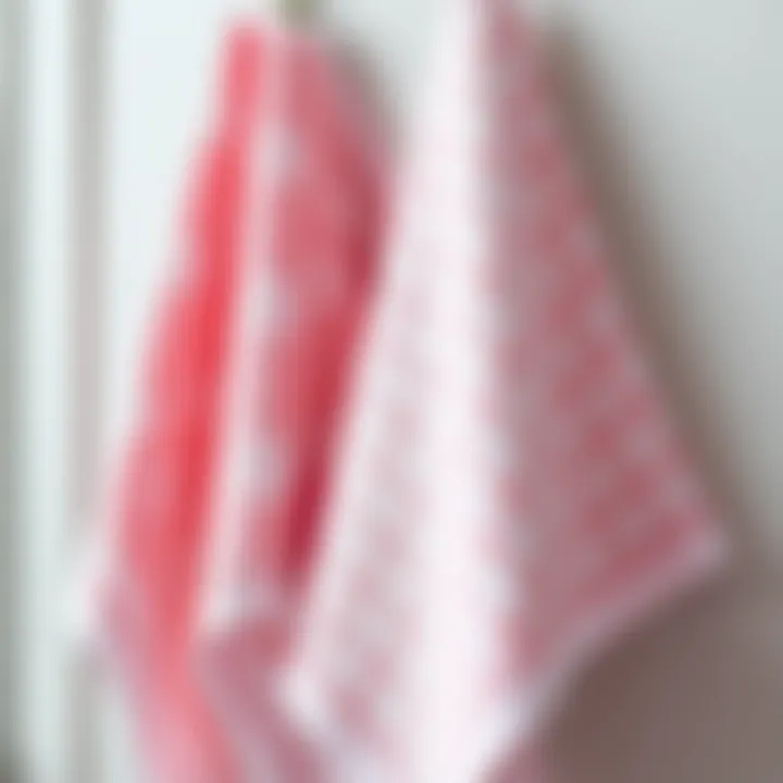 Close-up of pink kitchen towels featuring intricate patterns