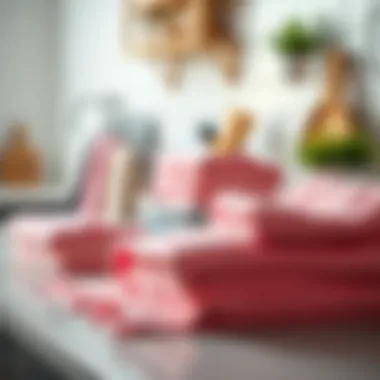 Variety of pink kitchen towels arranged aesthetically on a countertop
