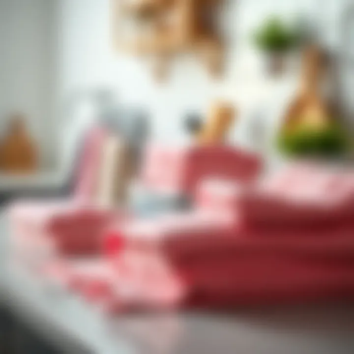 Variety of pink kitchen towels arranged aesthetically on a countertop