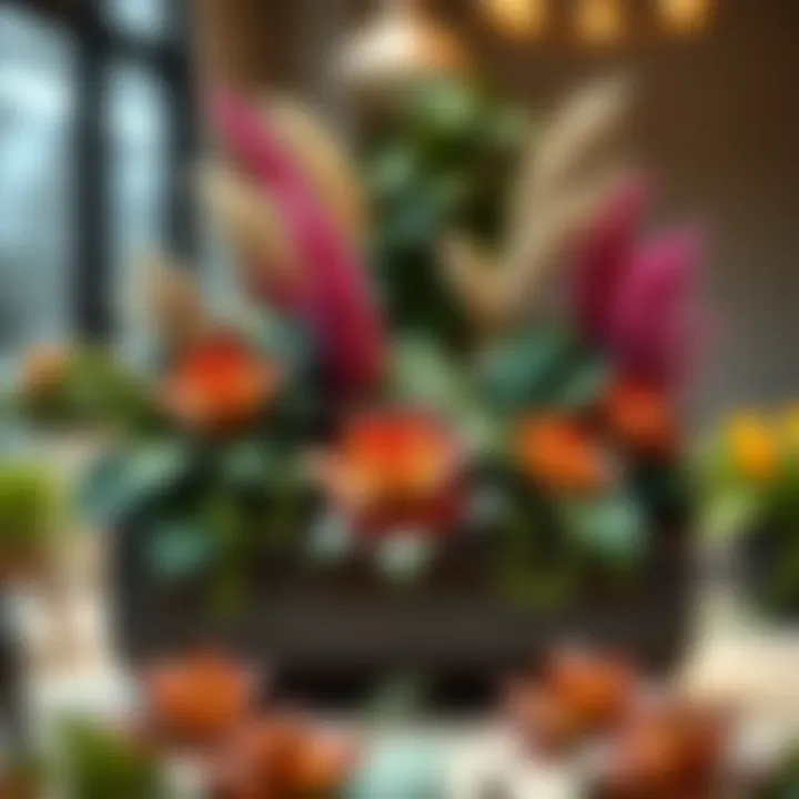 Elegant Faux Plant Arrangement in Planter Box Elegant planter box featuring a variety of faux plants showcasing diverse textures and colors