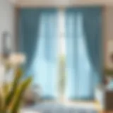 Elegant sky blue curtain draping in a sunlit living room