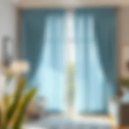 Elegant sky blue curtain draping in a sunlit living room