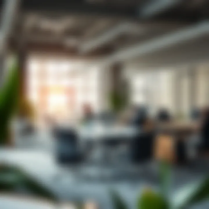 Modern office layout featuring standing desks promoting collaboration