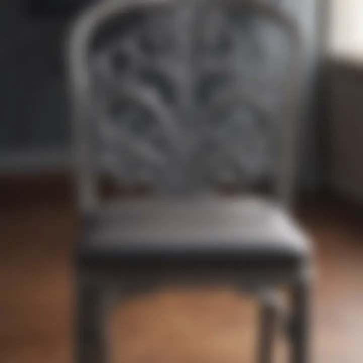 Close-up of the intricate design details of a steel framed dining chair