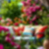 Vibrant summer patio cushions in a lush garden setting
