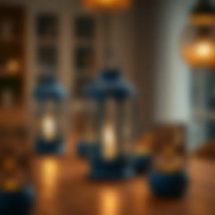 Blue lanterns arranged beautifully on a dining table