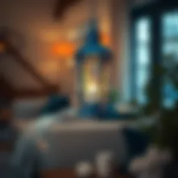 Elegant blue lantern illuminating a cozy living space