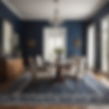 Stylish dining area featuring a navy and white oriental rug