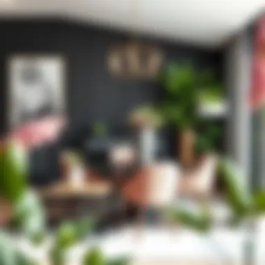 Chic Dining Space with Faux Flora A modern dining area accentuated with faux plants in stands