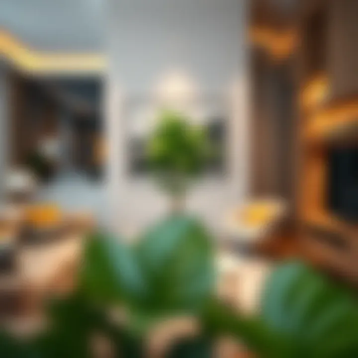 Elegant Living Room with Faux Greenery A stylish living room featuring a faux plant in a decorative stand