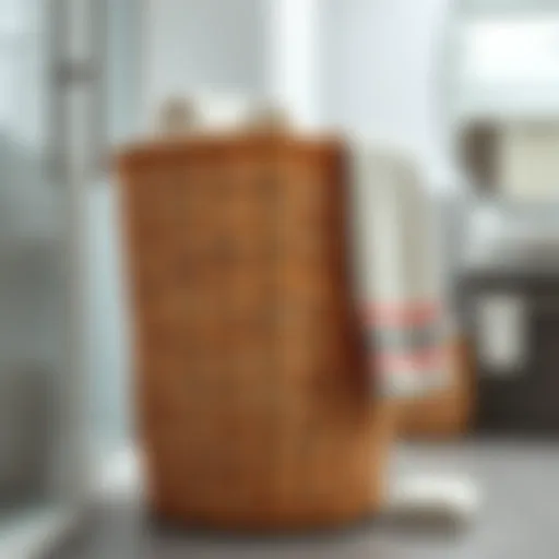 Stylish wicker laundry basket in a modern bathroom setting