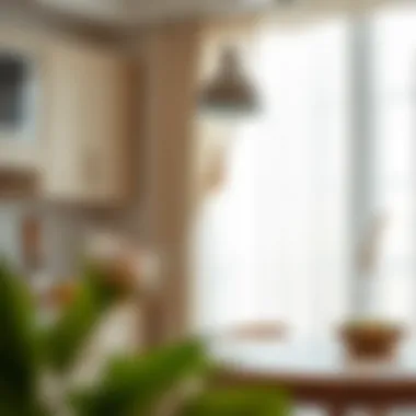 Bright kitchen with natural light filtered through cotton curtains