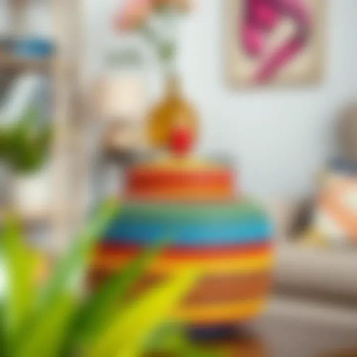 Colorful woven lidded box adding vibrancy to a room