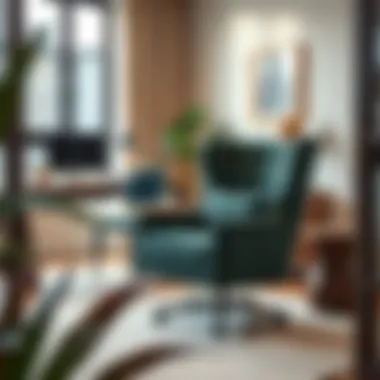 A velvet rolling chair styled in a contemporary home office