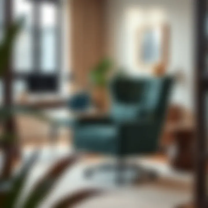 A velvet rolling chair styled in a contemporary home office