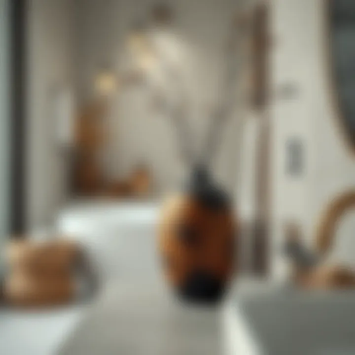 Rustic wooden vase adding warmth to a contemporary bathroom